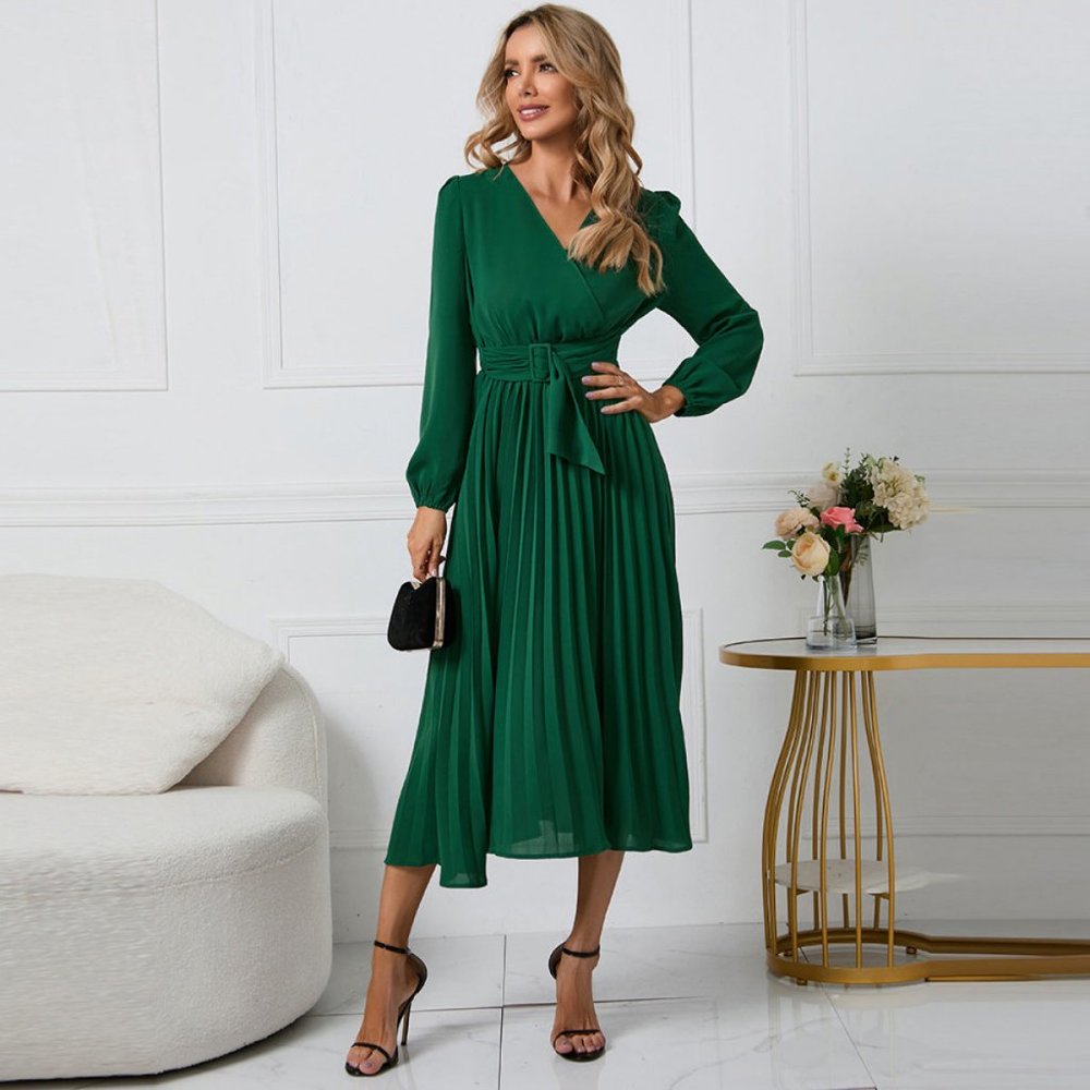 Emerald Grace Pleated Midi Dress – Elegant Long Sleeve V-Neck Tie Waist Church